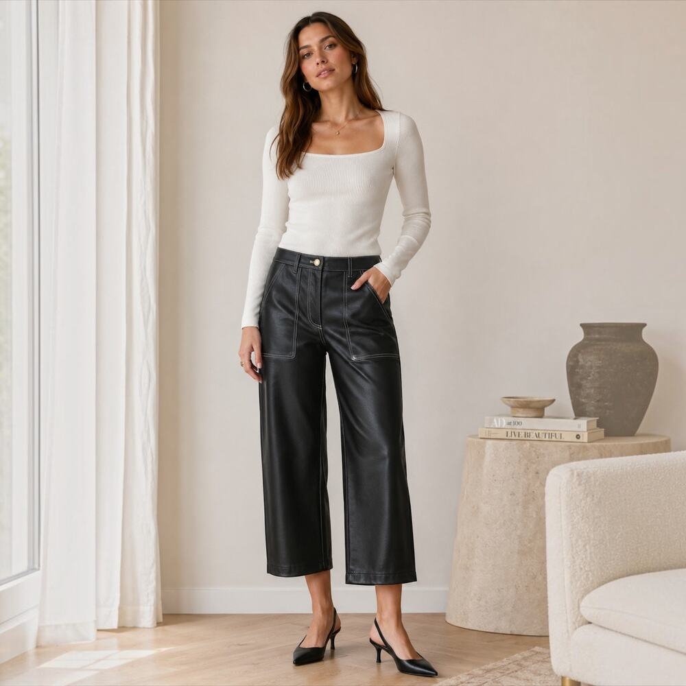 Wilfred Free Black Faux Leather Cropped Wide-Leg Pants Contrast Stitch Size 4